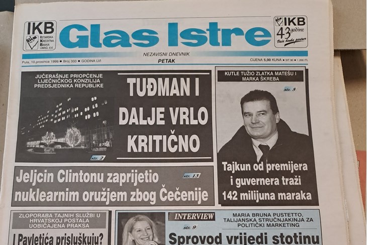 Naslovnica Glasa Istre 10. prosinca 1999. izvješćuje o »kritičnom stanju« dr. Franje Tuđmana